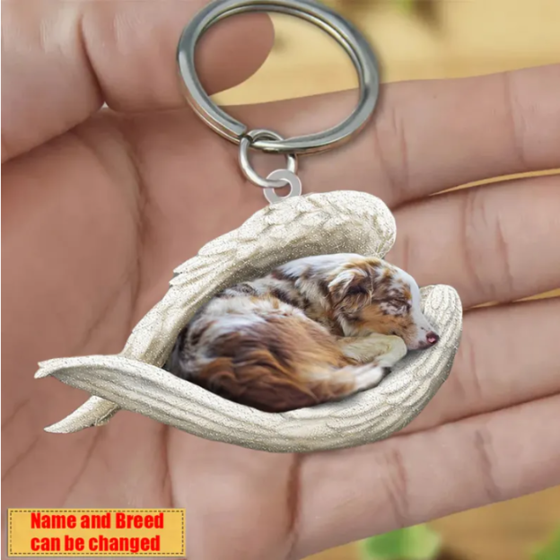 Personalized Stainless Dog Sleeping Angel Keychain - Double Sides Printed