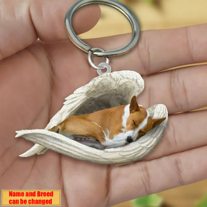 Personalized Stainless Dog Sleeping Angel Keychain - Double Sides Printed