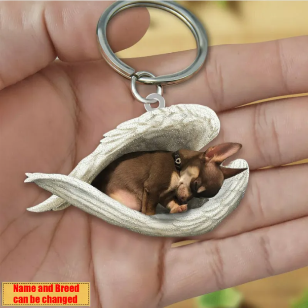 Personalized Stainless Dog Sleeping Angel Keychain - Double Sides Printed