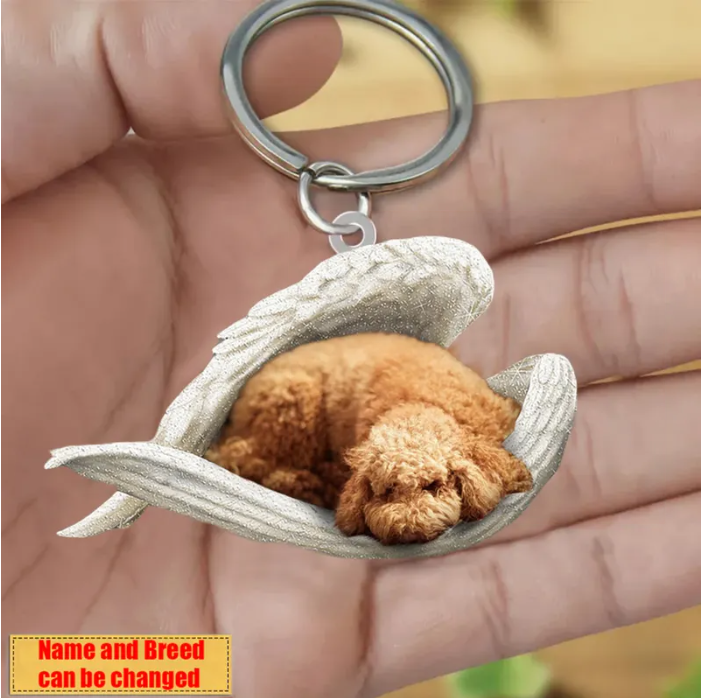 Personalized Stainless Dog Sleeping Angel Keychain - Double Sides Printed