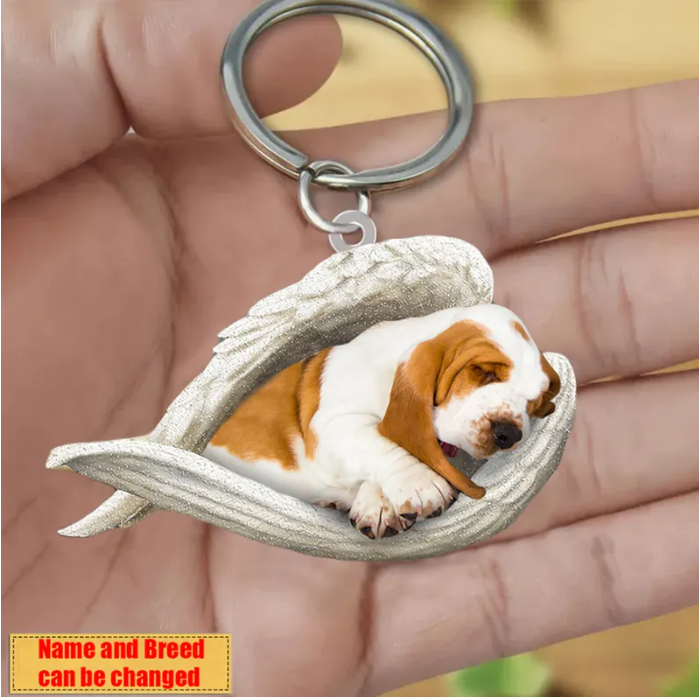 Personalized Stainless Dog Sleeping Angel Keychain - Double Sides Printed