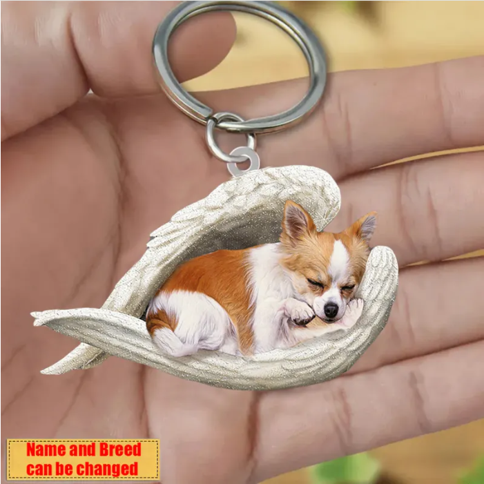 Personalized Stainless Dog Sleeping Angel Keychain - Double Sides Printed