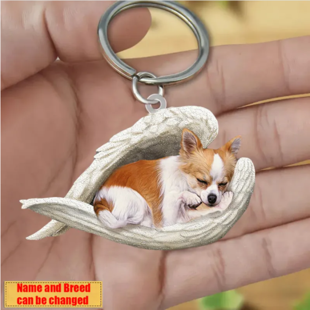 Personalized Stainless Dog Sleeping Angel Keychain - Double Sides Printed