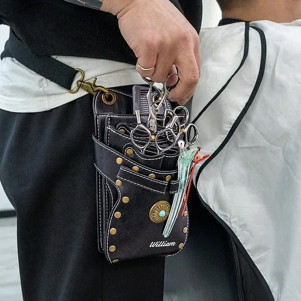Personalized Multi-Compartment Leather Hairdressing Scissors Waist Bag with Name and Belt Gift for Hairstylist Barber