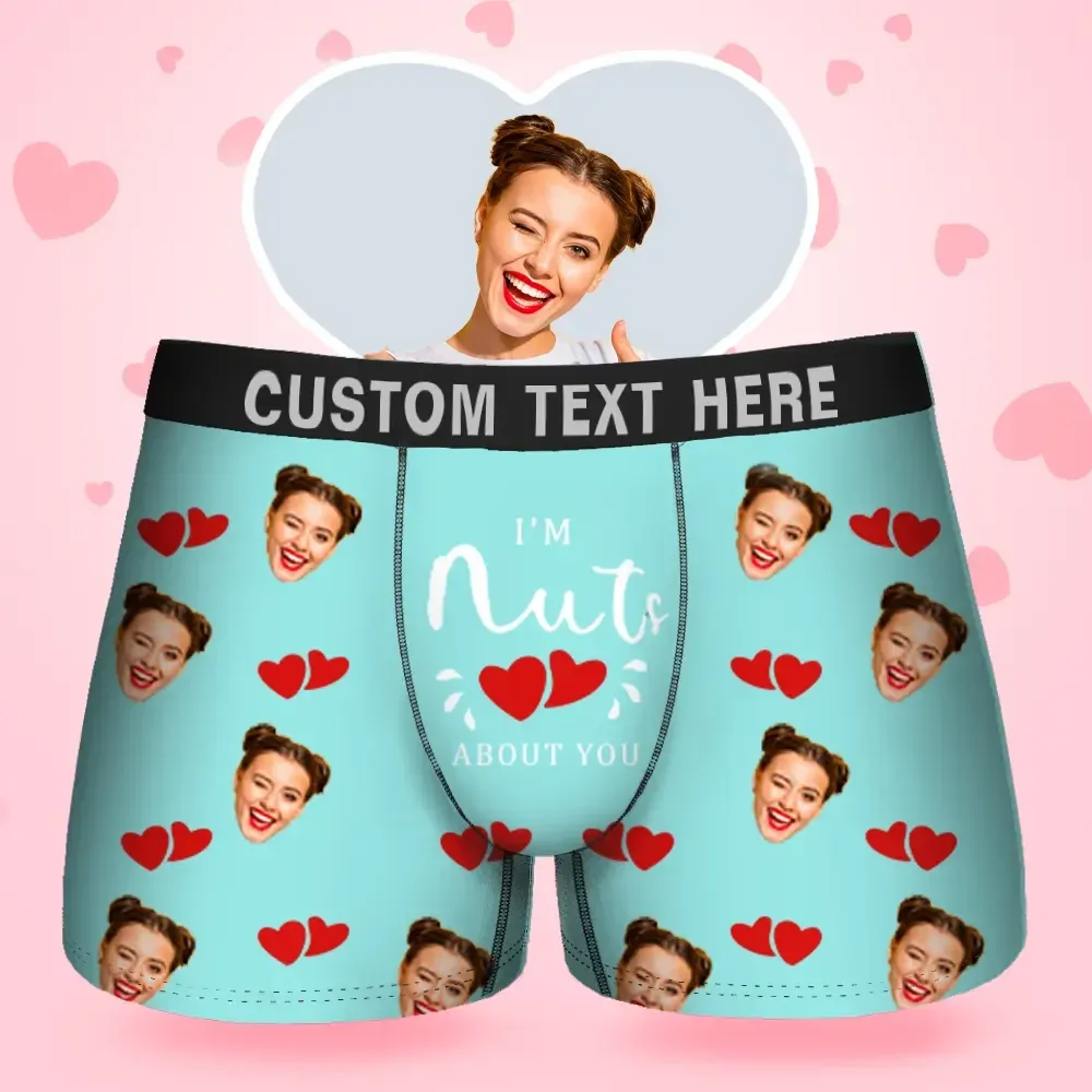 Custom Face Men's Boxer I'M Nuts About You Style Underwear, Birthday Gifts for Husband, Waistband Text Boxer Gift