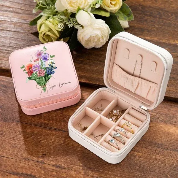 Personalized Leather Name Travel Jewelry Box with Watercolor Birth Flowers Bouquet Portable Jewelry Case for Women Girls