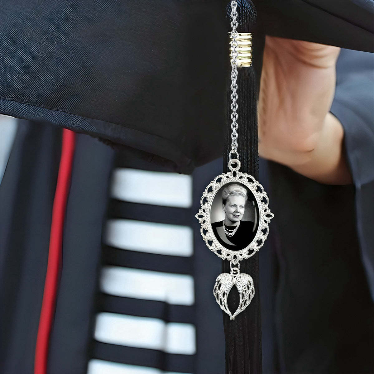 Personalised Graduation Tassel Photo Charm with Angel Wings