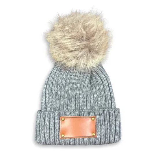 5 Colors Personalized Knitted PomPom Hat(Vegan Leather Patch)