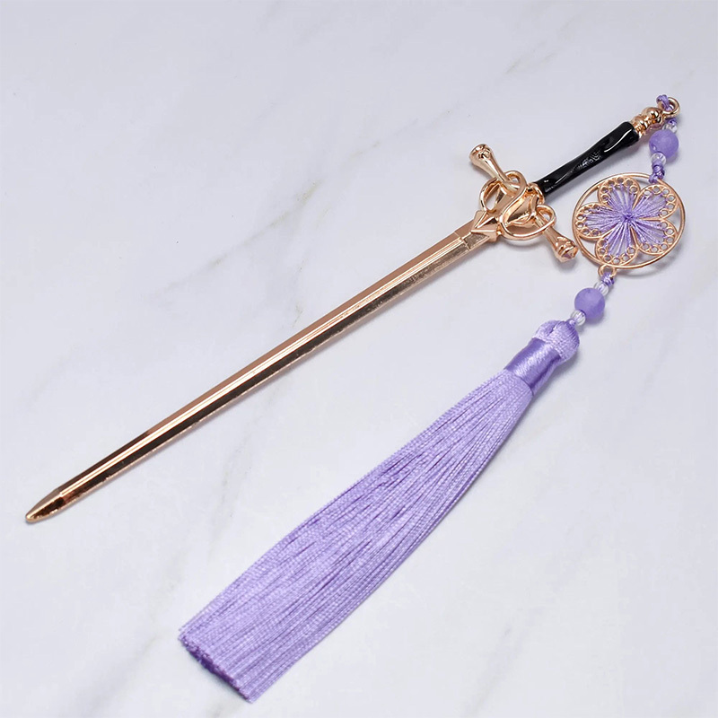 Cherry blossom amethyst sword-shaped hairpin