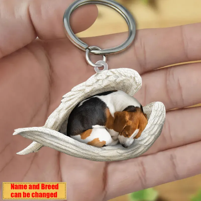 Personalized Stainless Dog Sleeping Angel Keychain - Double Sides Printed