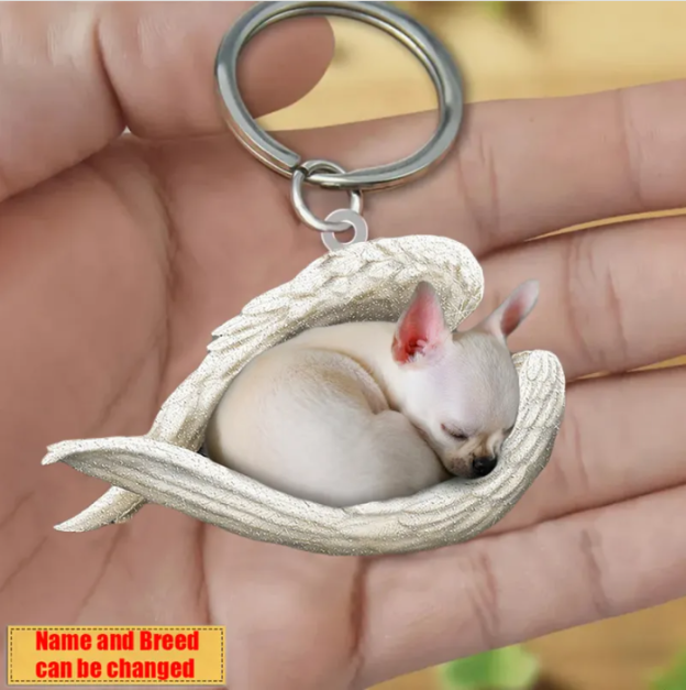 Personalized Stainless Dog Sleeping Angel Keychain - Double Sides Printed