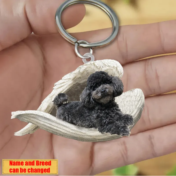 Personalized Stainless Dog Sleeping Angel Keychain - Double Sides Printed