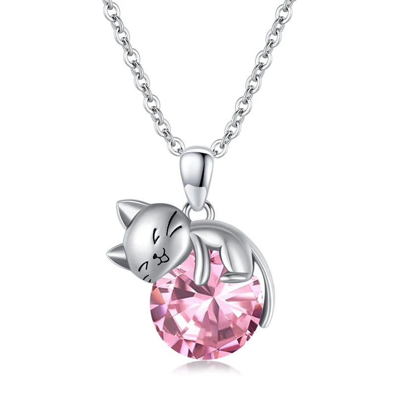 Cat pendant necklace with birthstone, gift for women, daughter and mother
