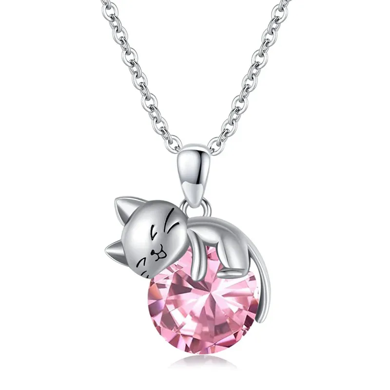 Cat pendant necklace with birthstone, gift for women, daughter and mother