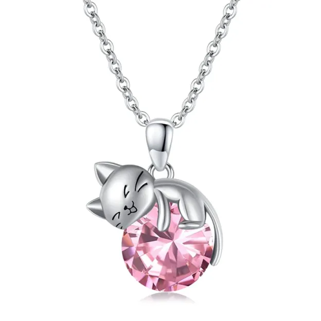 Cat pendant necklace with birthstone, gift for women, daughter and mother