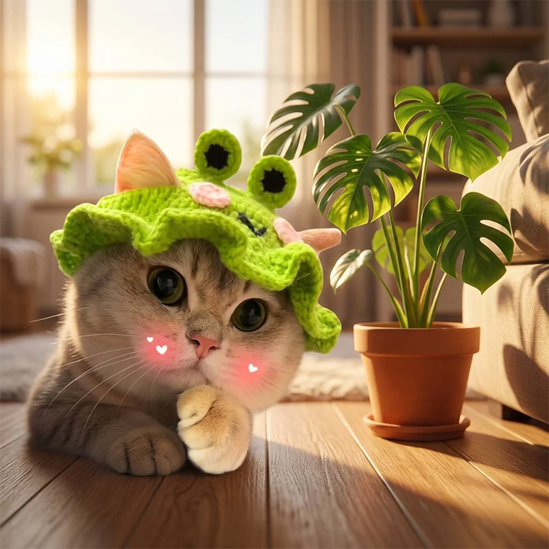 Hand-crocheted frog pet hat