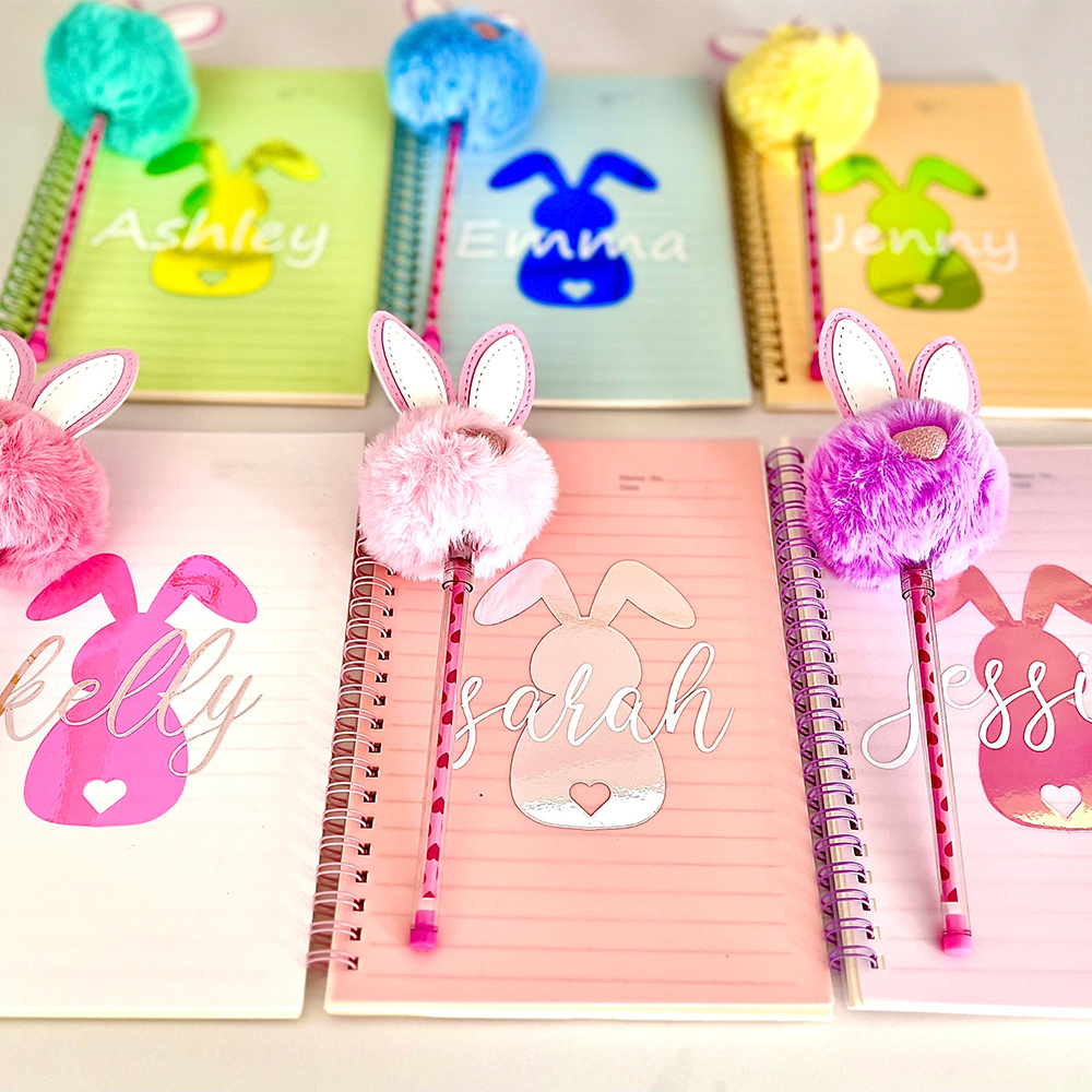 Personalised Bunny Notebook and Pom-Pom Pen Set