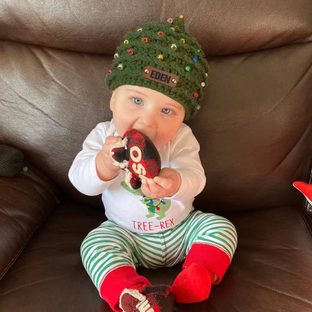 Custom Name Leather Patch Christmas Tree Personalized Crochet Hat