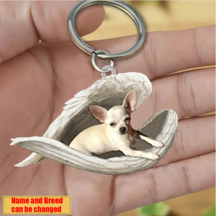 Personalized Stainless Dog Sleeping Angel Keychain - Double Sides Prin