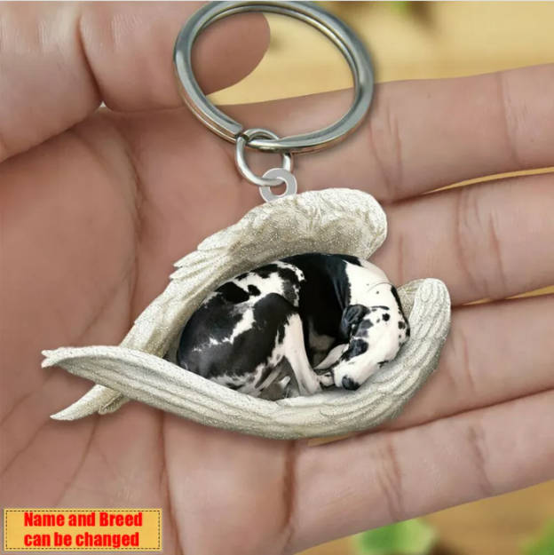 Personalized Stainless Dog Sleeping Angel Keychain - Double Sides Printed
