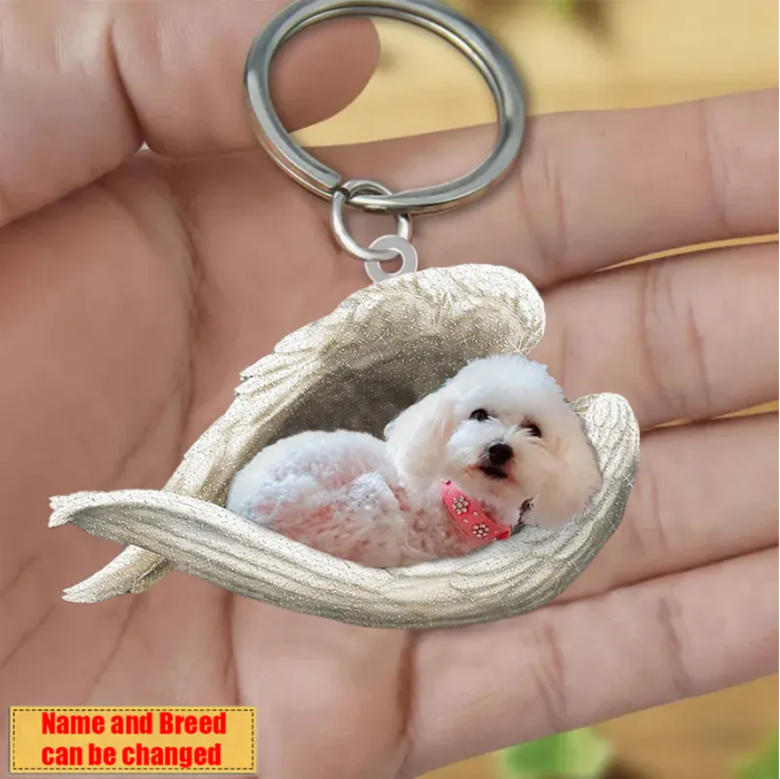 Personalized Stainless Dog Sleeping Angel Keychain - Double Sides Prin