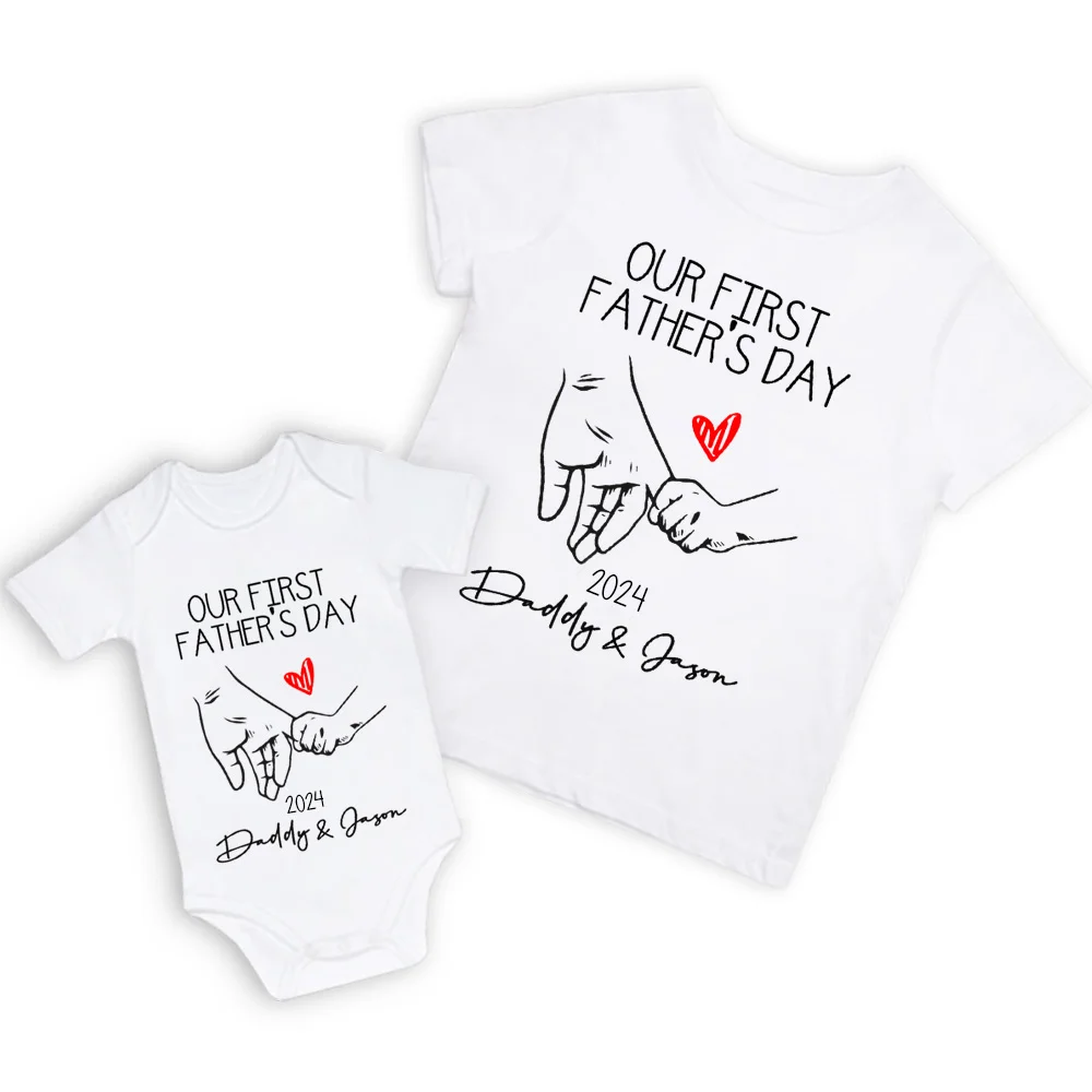 Customized Holding Hands Name Parent-child Shirt, Our First Father's Day Shirt, Cotton Father&Baby Bodysuit, Birthday/Father's Gift for Dad/Grandpa