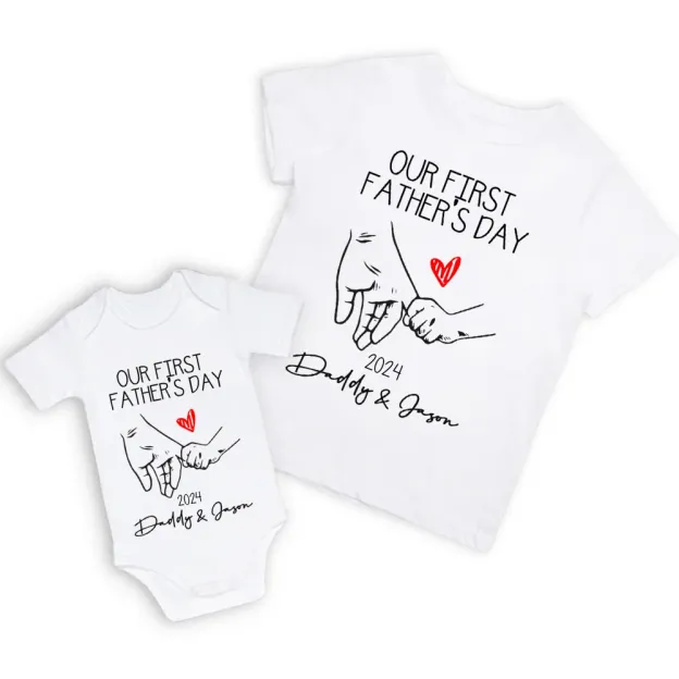 Customized Holding Hands Name Parent-child Shirt, Our First Father's Day Shirt, Cotton Father&Baby Bodysuit, Birthday/Father's Gift for Dad/Grandpa