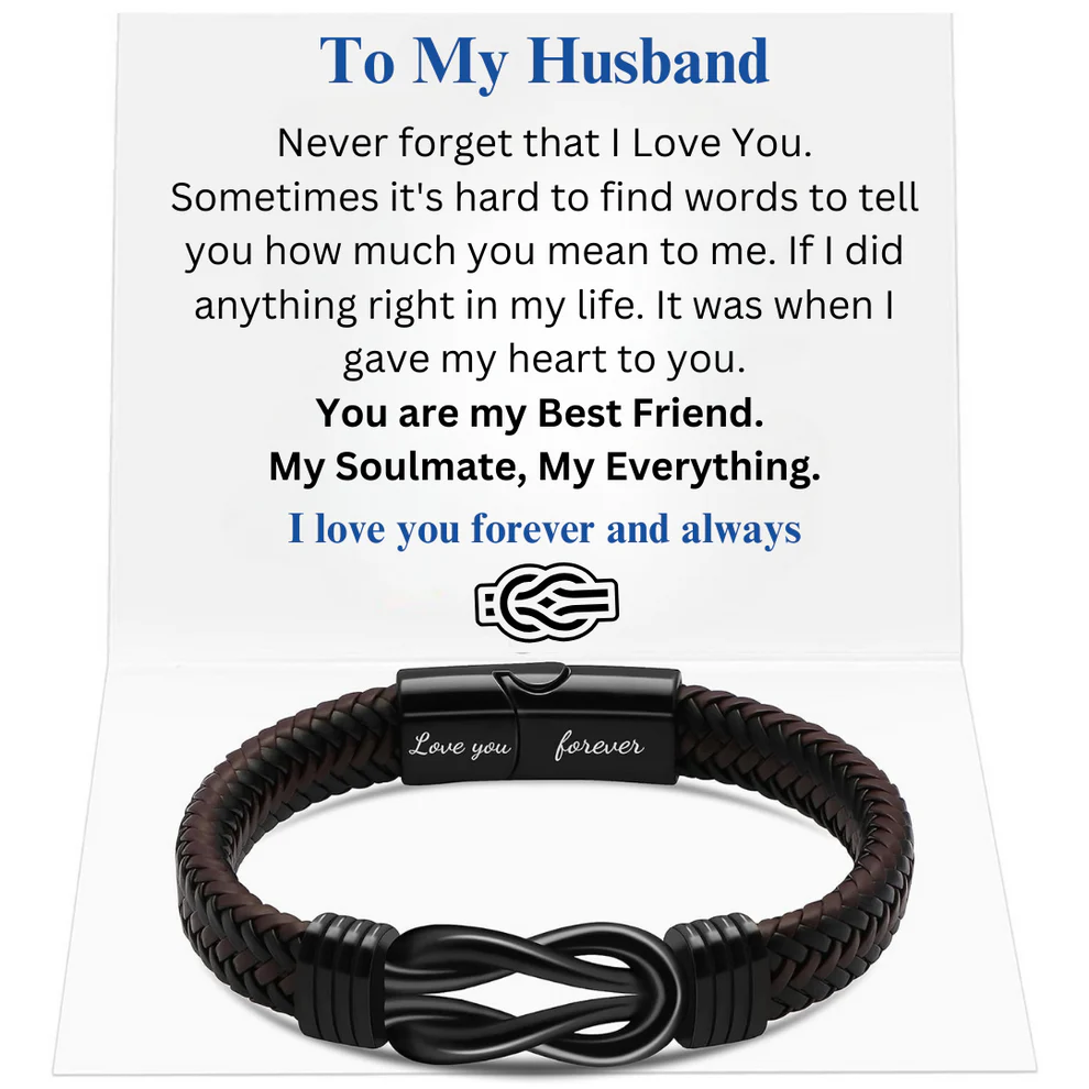 Infinity knot bracelet gift set engraved with husband's name