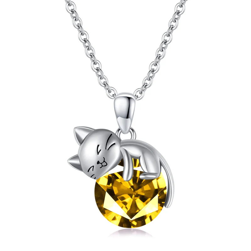 Cat pendant necklace with birthstone, gift for women, daughter and mother