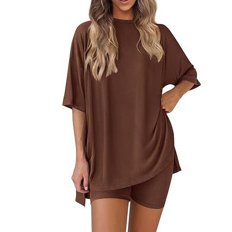 Summer casual round neck slit shirt side pocket shorts two-piece set 