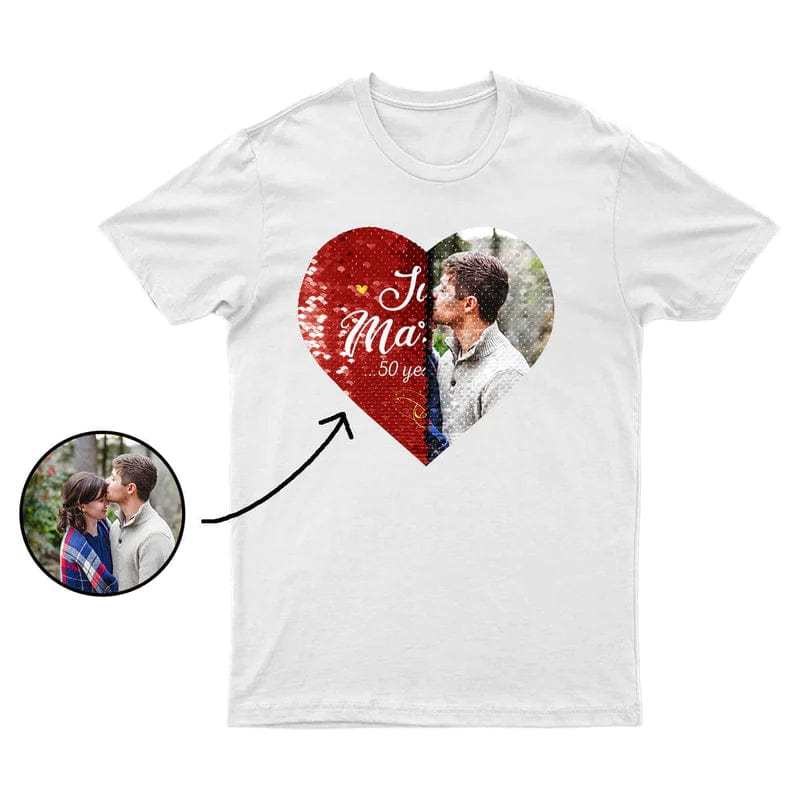 Personalized photo heart sequin t-shirts for men and women