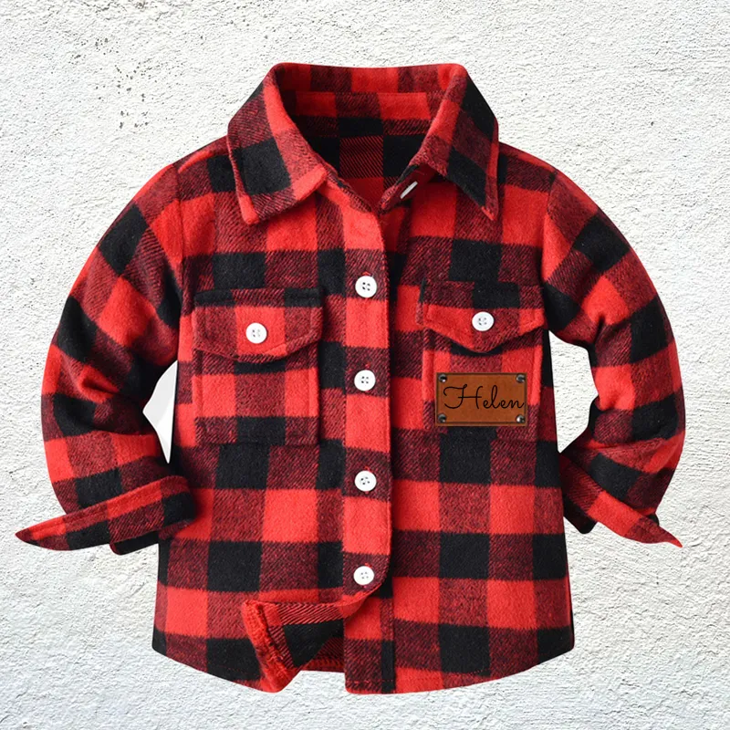 Personalized Leather Patch Kids Flannel Jacket