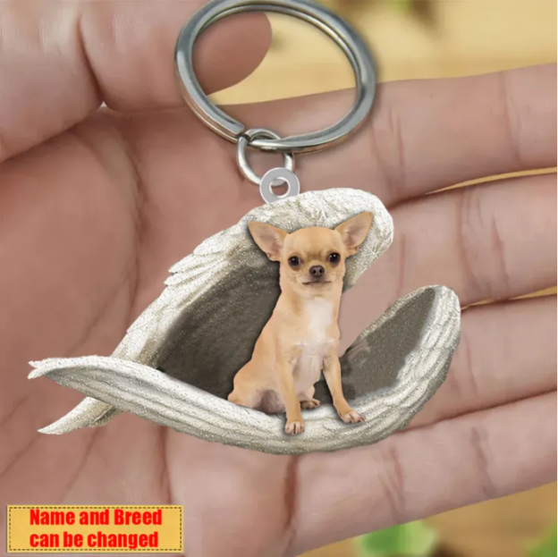 Personalized Stainless Dog Sleeping Angel Keychain - Double Sides Printed