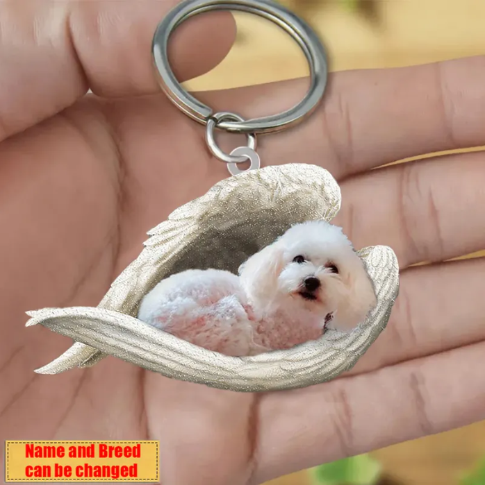 Personalized Stainless Dog Sleeping Angel Keychain - Double Sides Printed
