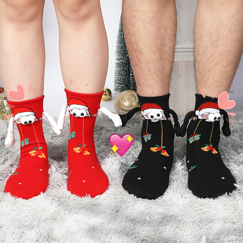 Christmas embroidered magnetic holding hands socks