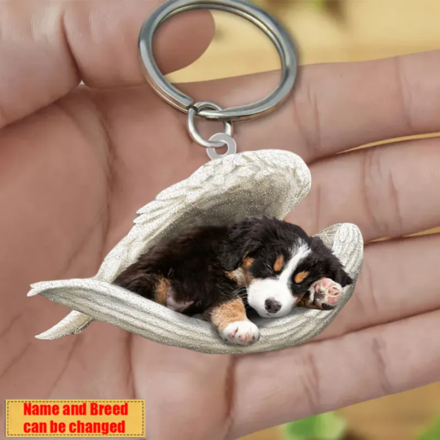 Personalized Stainless Dog Sleeping Angel Keychain - Double Sides Printed