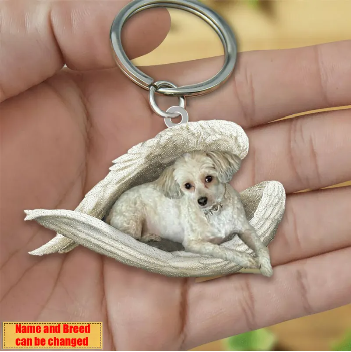 Personalized Stainless Dog Sleeping Angel Keychain - Double Sides Printed