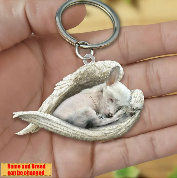 Personalized Stainless Dog Sleeping Angel Keychain - Double Sides Printed