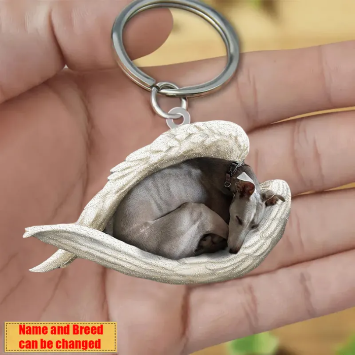 Personalized Stainless Dog Sleeping Angel Keychain - Double Sides Printed