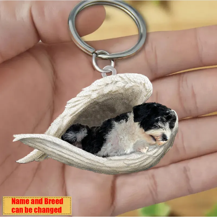 Personalized Stainless Dog Sleeping Angel Keychain - Double Sides Printed