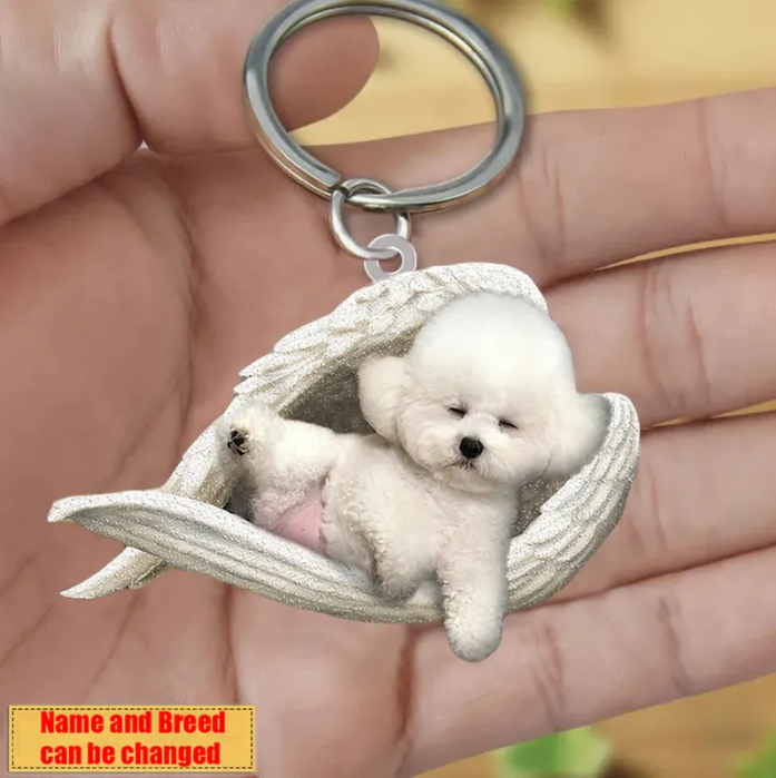 Personalized Stainless Dog Sleeping Angel Keychain - Double Sides Printed