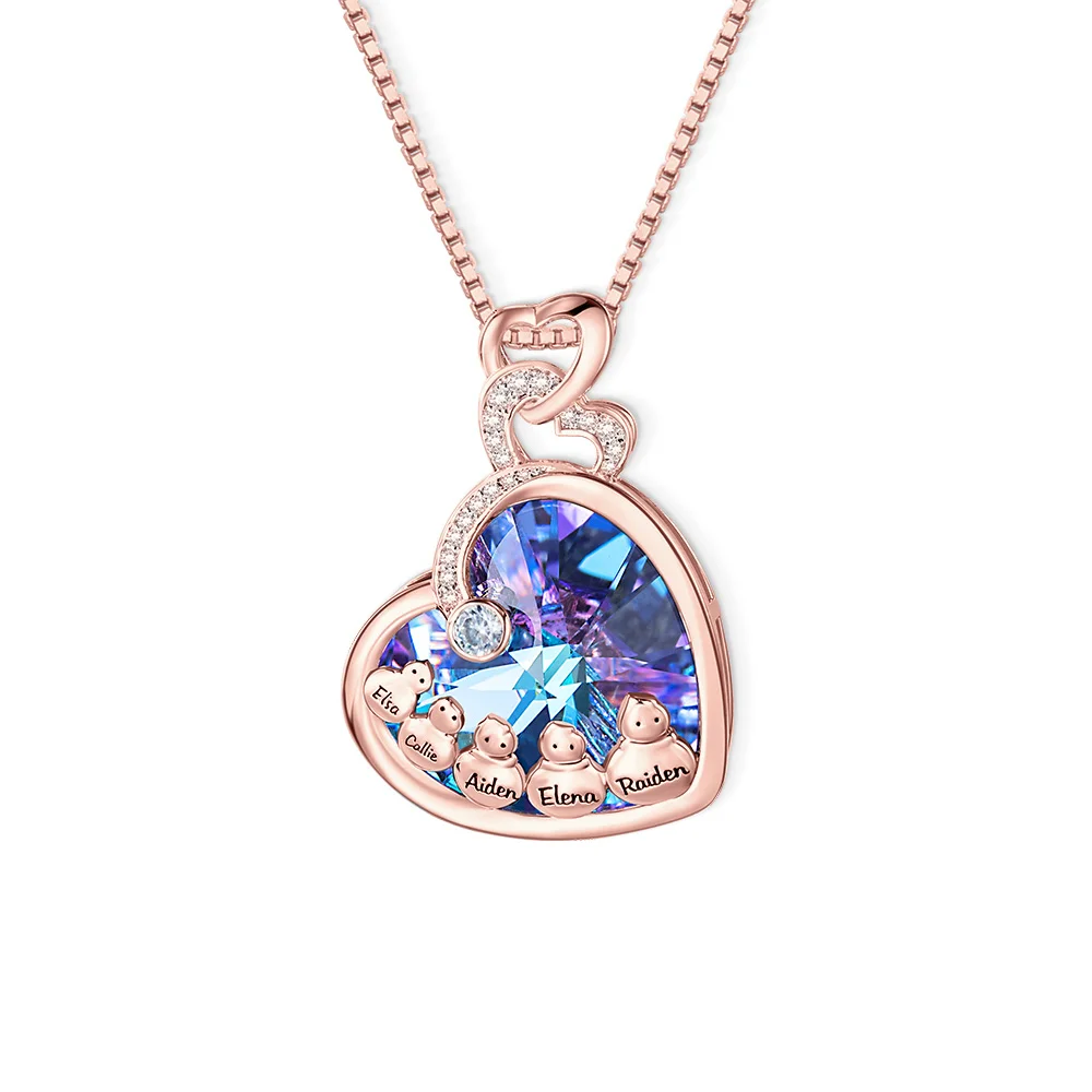 Personalised Snowman Family Heart Necklace with Engraved Names and Birthstone Jewellery