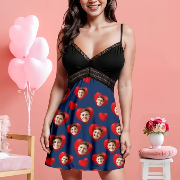 Custom Face Women Lace Suspender Sleepwear Personalized Heart V-neck Multi-Color Nightwear