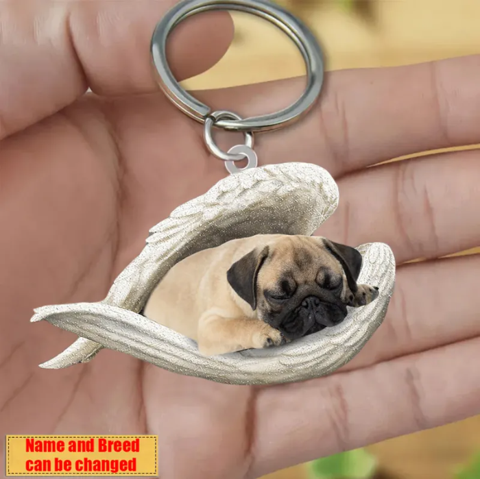 Personalized Stainless Dog Sleeping Angel Keychain - Double Sides Printed