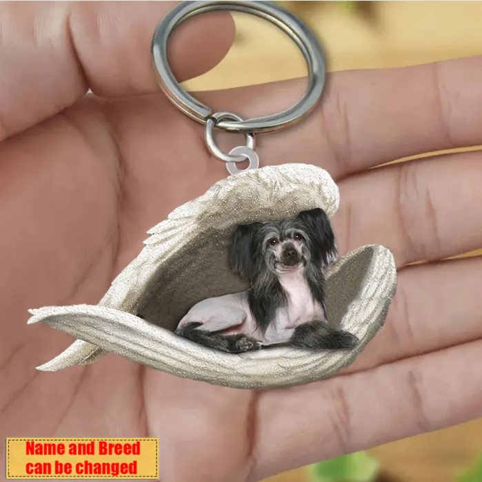 Personalized Stainless Dog Sleeping Angel Keychain - Double Sides Prin