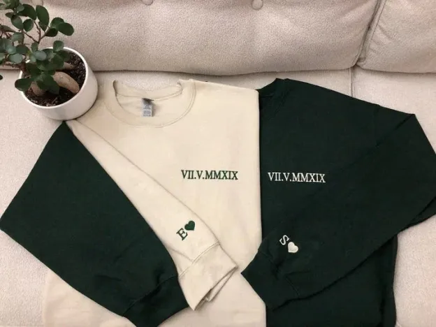 valentines day gift Custom Embroidered Roman Numeral Date Couple's Crewneck/Hoodie