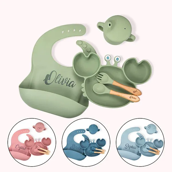 Personalized Food Grade Silicone Baby Feeding Set with Crab Shape Divided Suction Plate Baby Led Weaning Supplies for Kid Toddler Dinnerware