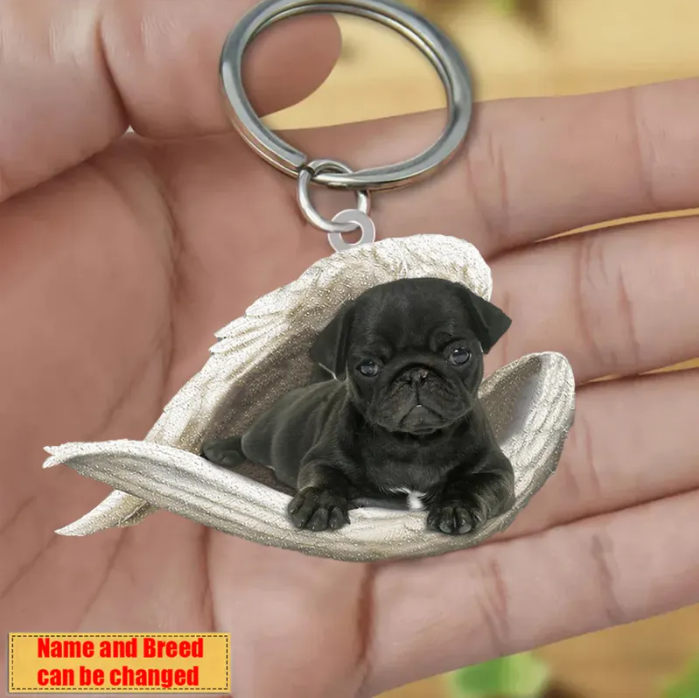 Personalized Stainless Dog Sleeping Angel Keychain - Double Sides Printed