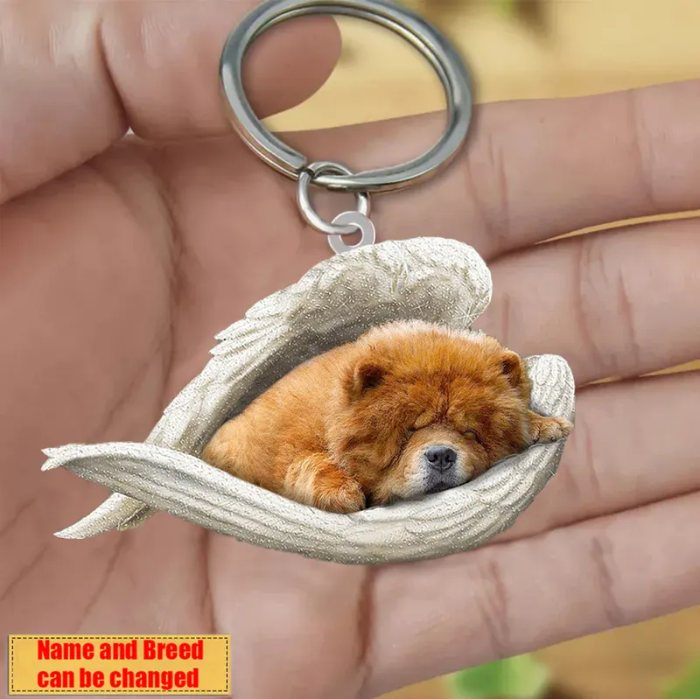 Personalized Stainless Dog Sleeping Angel Keychain - Double Sides Prin