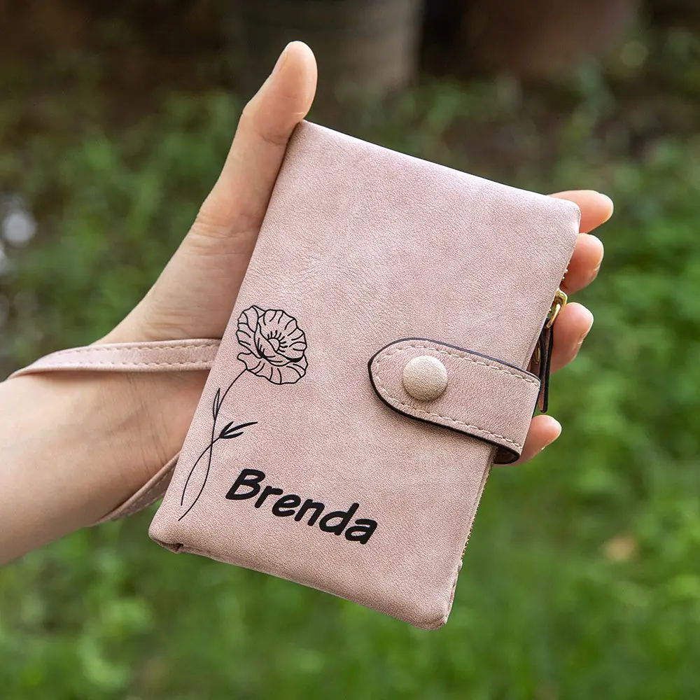 Personalized Leather Wallet, Birth Flower Wallet, Wallet with Coin Holder, Tri-Fold Wallet, Travel Accessories, Card Holder, Gift for Daughter/Mom